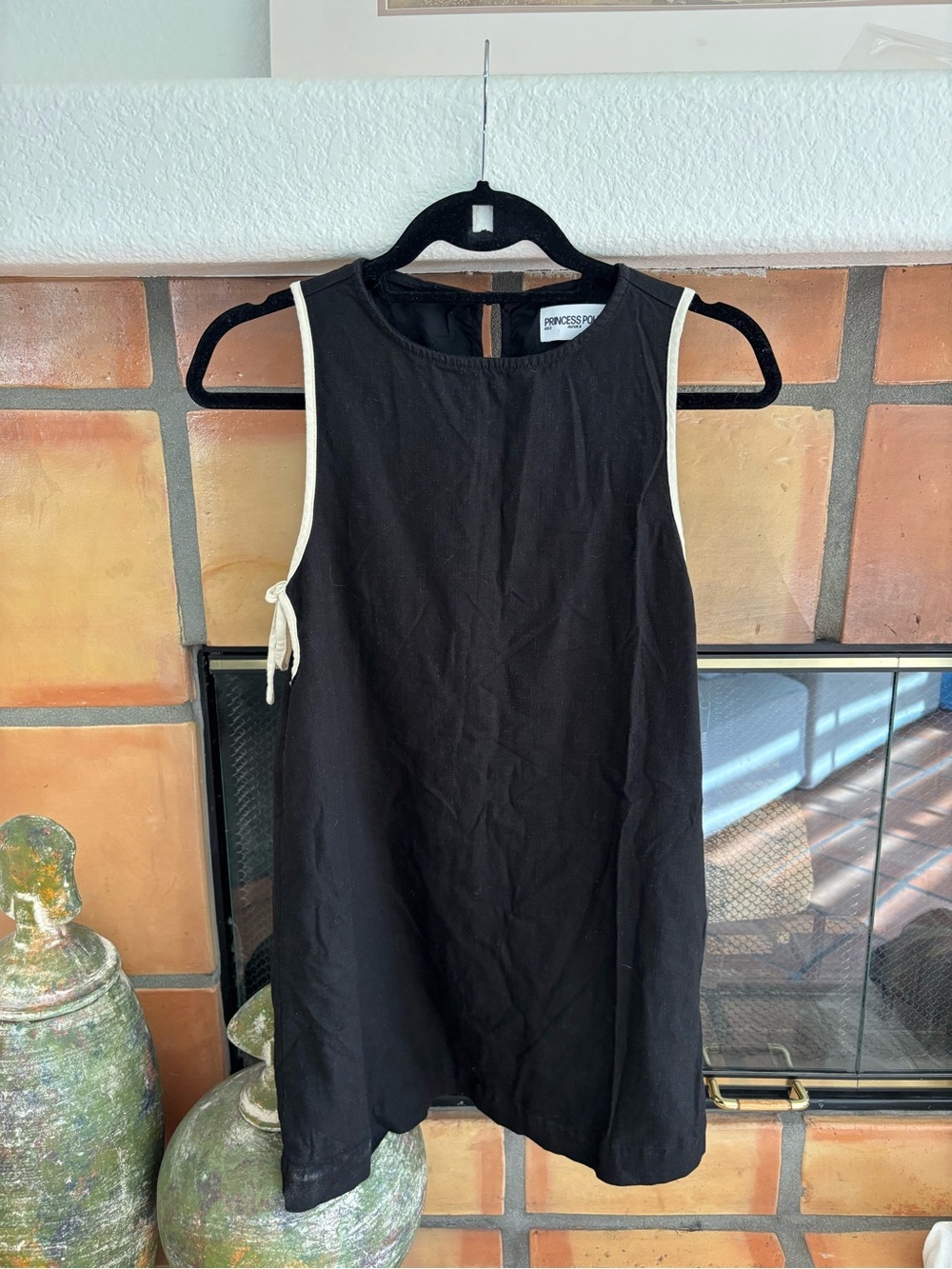Linen Black Shift mini Dress with Contrast Tie Detail: minimalist chic